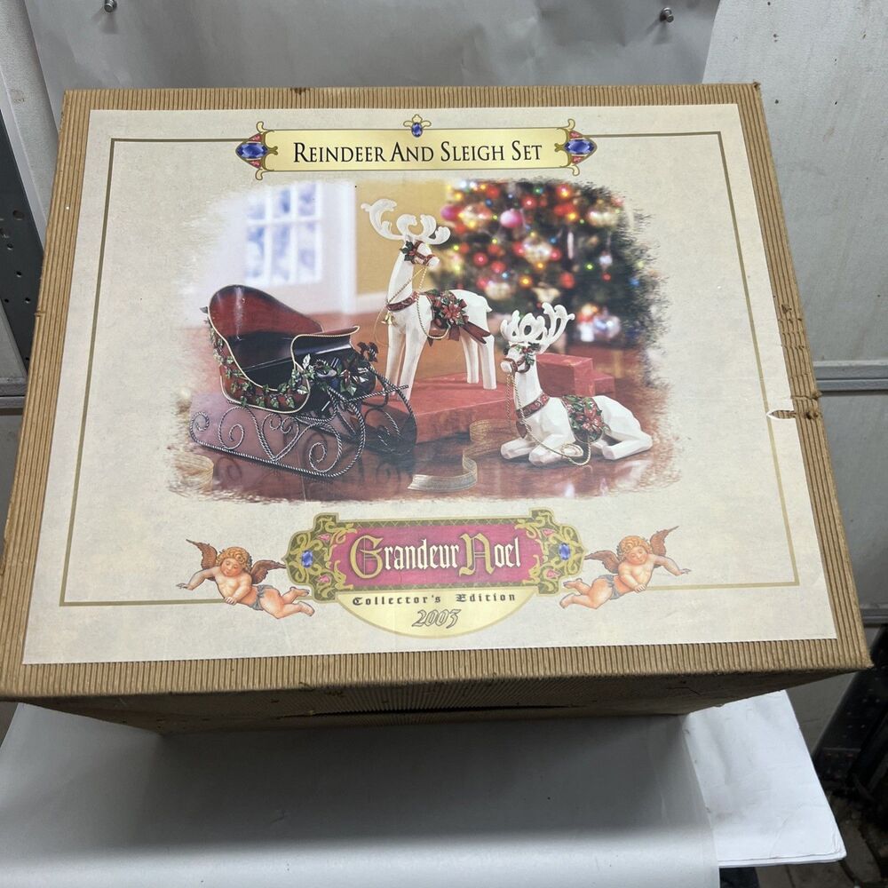 Vintage Grandeur Noel 2003 Reindeer & Sleigh Set Collectors Series IOB Rare
